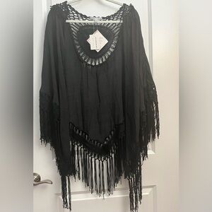 Favlux Handmade Black Open-Front Crochet Fringe Kimono – Size L